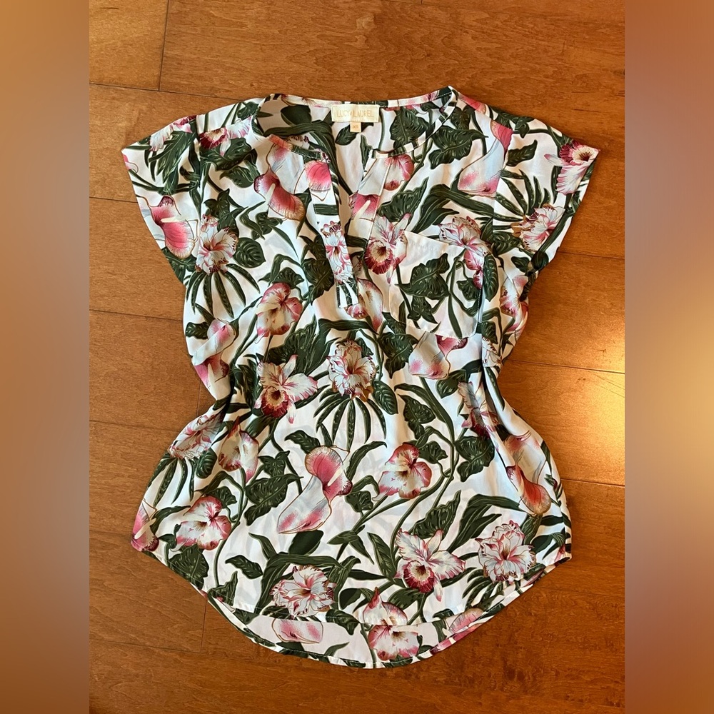 Floral V-Neck Cap Sleeve Top, Tropical Shirt, Hawaiian Shirt XS Small LIKE NEW